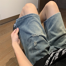 破洞牛仔短裤男款夏季美式潮流宽松休闲裤子高街五分裤子ZJ91-P35，男装牛仔裤，星座1008