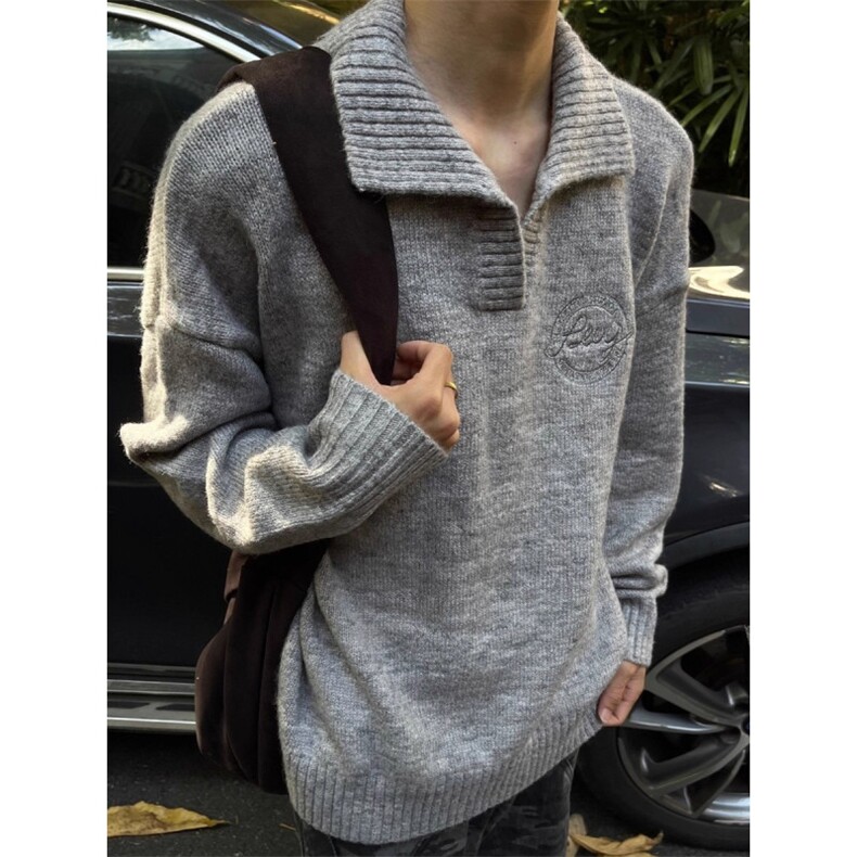 灰色慵懒风v领毛衣男女冬季美式复古polo领针织衫翻领内搭打底衫,男装T恤,星座506A