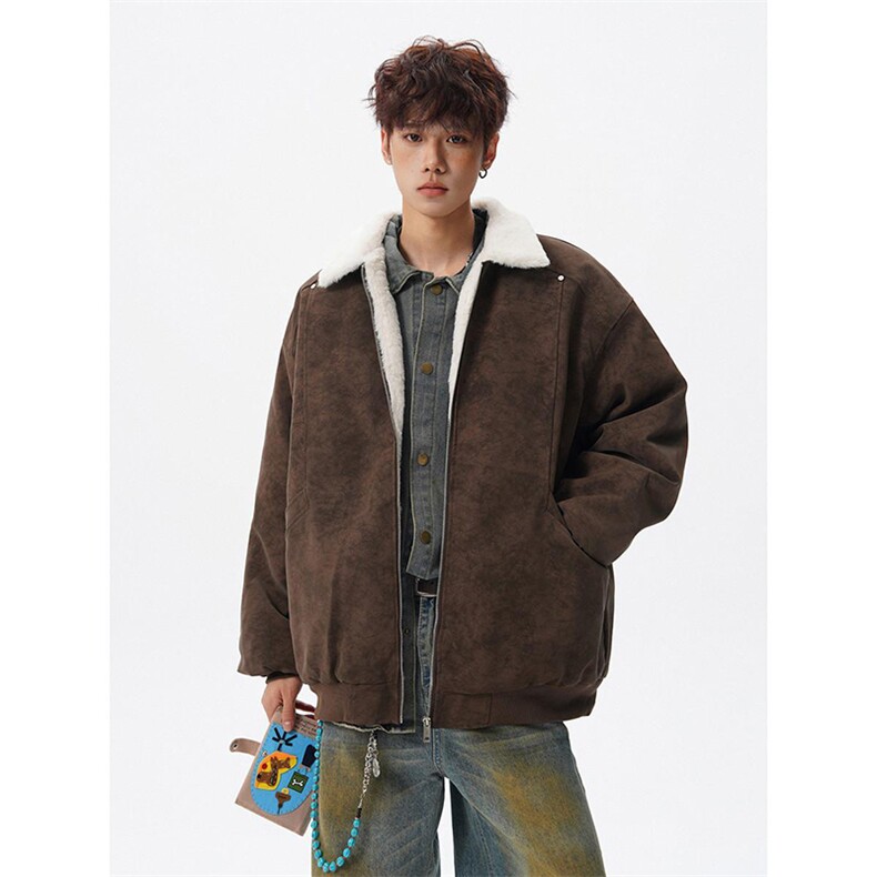 现货重磅硬挺boxy羽绒棉衣座山雕羊羔毛领洗水麂皮棉服冬外套，男装棉衣，电商A486