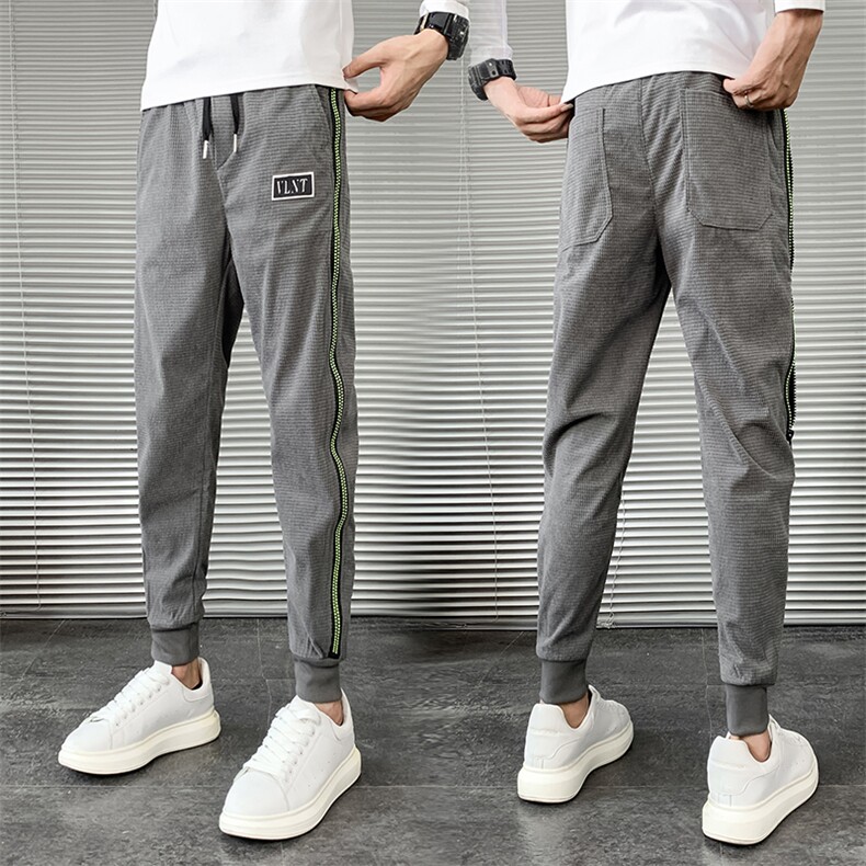 2025秋冬红华夫格裤子男韩版潮流拉链装饰修身小脚裤，男装休闲裤，电商A327