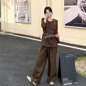 高级轻熟风穿搭咖色马甲套装女2025春秋超火好看阔腿裤气质三件套图片