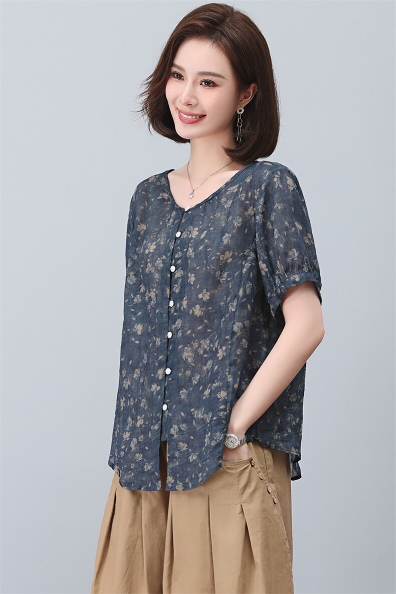 苎麻衬衫女短袖2023新款夏季碎花衬衣小个子妈妈小衫气质洋气上衣,女装衬衫,忆绮罗