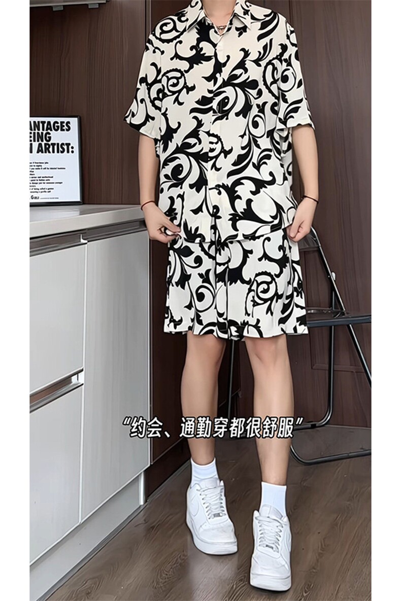 1短袖衬衫男+短裤男套装男100%聚酯纤维M-5XL大码TZ78701P50控98,男装牛仔裤,星座226-2