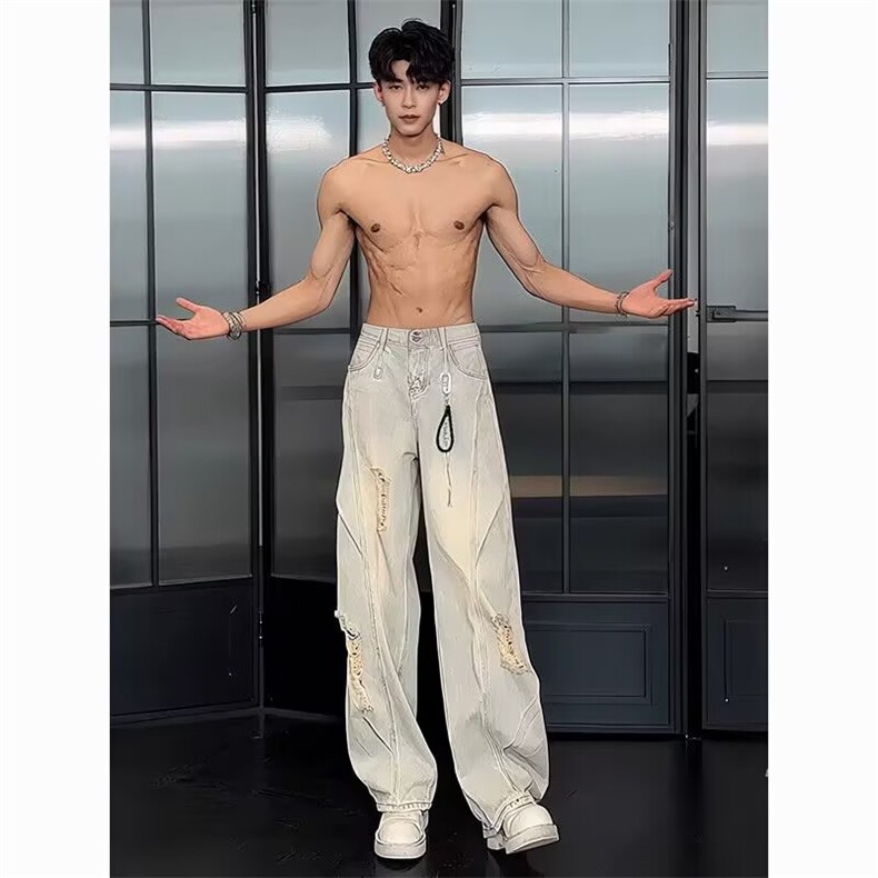 美式设计款水洗破洞牛仔裤男高街休闲弯刀长裤1008-L91488-P53图片