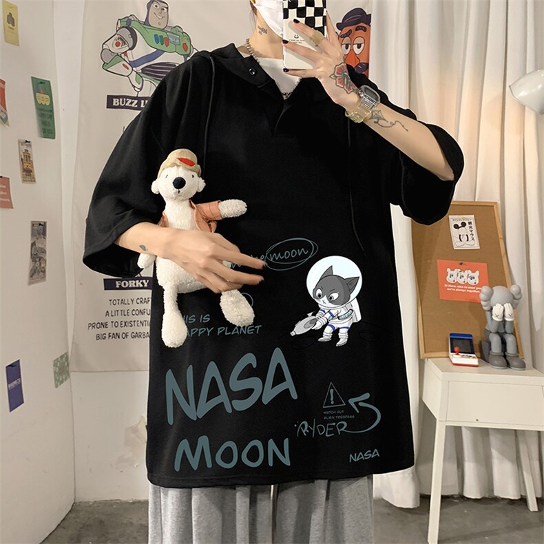 LD54187-P45NASA联名同款连帽短袖t恤男大码胖子带帽五分袖海报风,男装T恤,电商A040