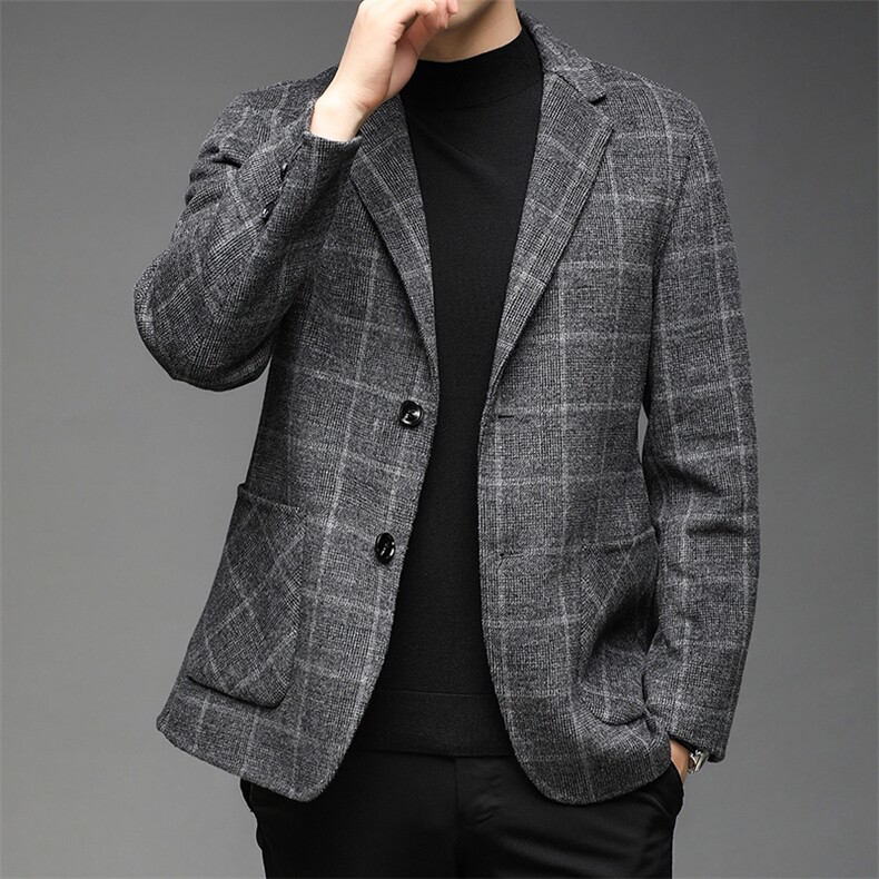 秋冬季新款羊毛呢大衣西服中年男士商务休闲西装上衣加厚保暖外套,男装西服,电商B212（原钱塘6029）