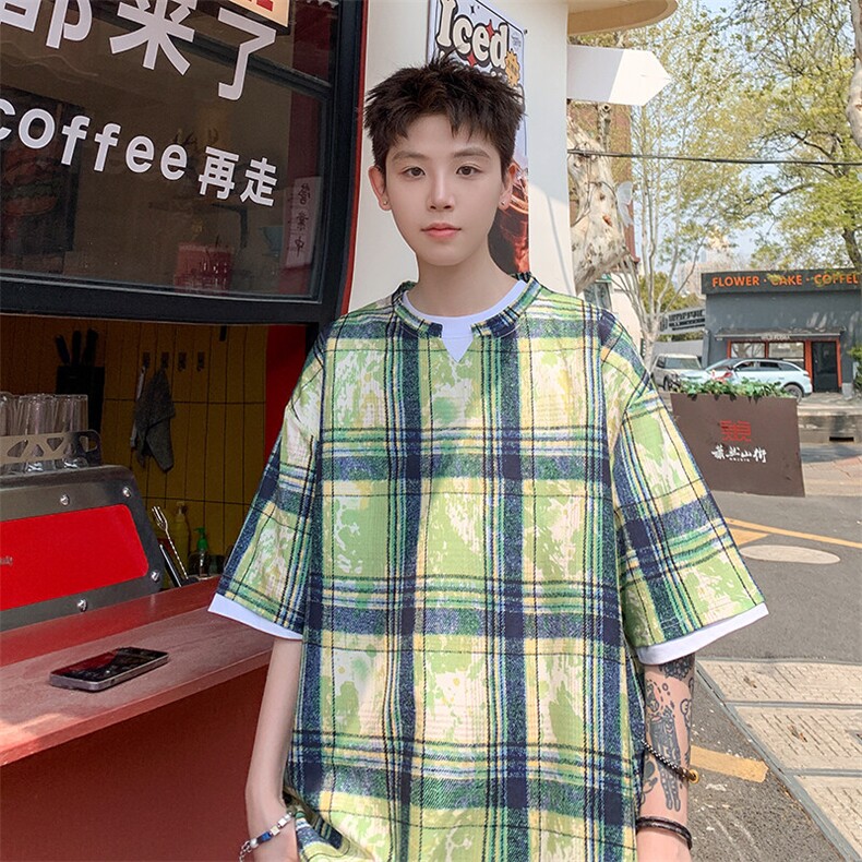 2026夏装美式扎染印花冰丝冰凉格子男五分袖T恤 T5508/特P25 绿2图片