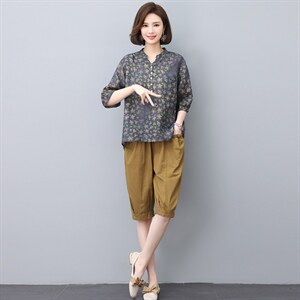 夏季纯苎麻上衣裤子两件套2022年夏季女款中年妈妈时尚套装图片