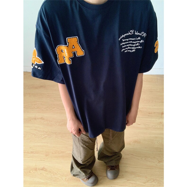 网图现货美式纯棉刺绣短袖男女宽松情侣毛巾绣t恤上衣A450-P35，男装T恤，星座1505