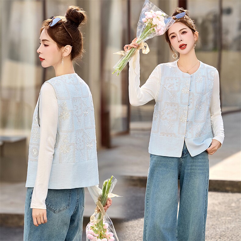 新中式重工刺绣马甲外套女2026春新款圆领坎肩背心马夹外穿上衣，女装马甲，简韵佳