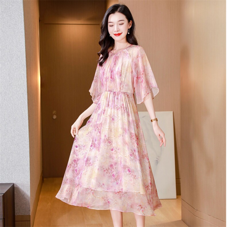 真丝连衣裙2025夏季新款大码女装衣服桑蚕丝高端精致气质碎花裙子,女装连衣裙,阿舍尔精品