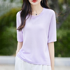 夏季新款简约时尚百搭女士天丝圆领几何肌理短袖，女装T恤，暖烁羊绒
