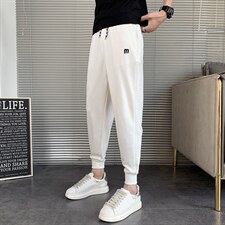 休闲裤男秋季新款韩版修身网红同款束脚裤刺绣针织运动长裤哈伦裤图片