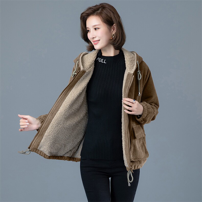 韩版简约时尚长袖棉服2021冬装新款连帽宽松仿羊羔毛灯芯绒加厚外套，女装棉衣/棉服，阿丹