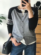 秋冬新款百搭时尚柔软撞色拼接显瘦开衫外套女，女装羊毛衫，伟泽羊绒