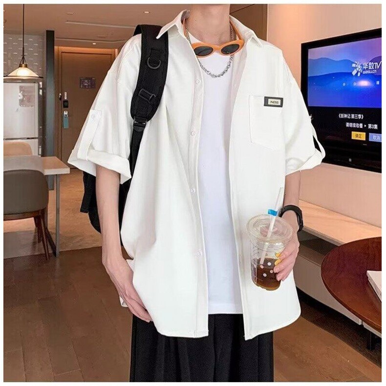 黑色翻领男士短袖衬衫日系少年感穿搭夏季宽松休闲百搭冰丝七分袖,男装T恤,星座715-7