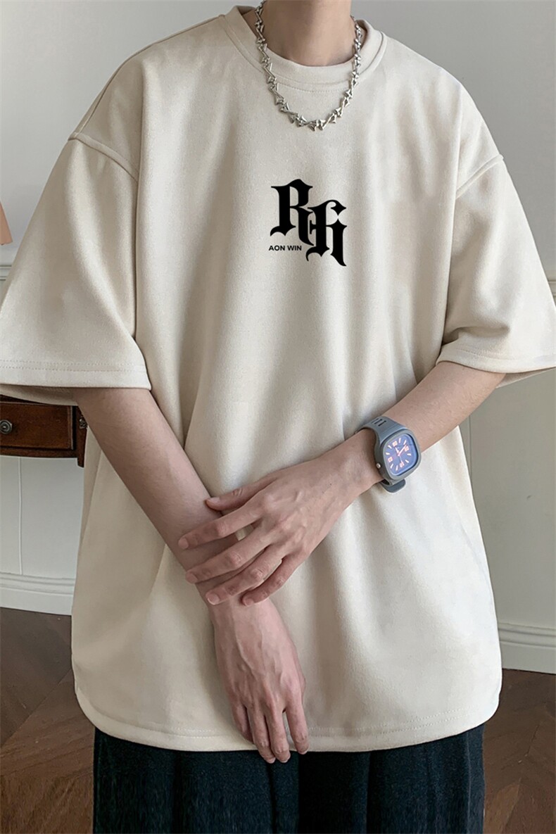 ！24夏季新款宽松大码港风Rh短袖麂皮绒T恤TJ2375-特p19,男装T恤,星座508（原C305）