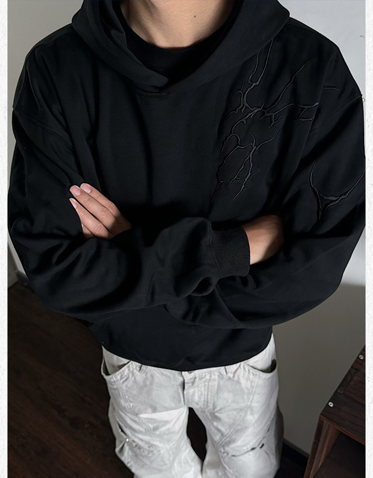 WY816-尺码M-3XL-P39-美式复古闪电刺绣连帽卫衣宽松套头上衣,男装卫衣,星座1811B
