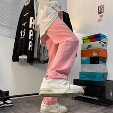 粉色牛仔裤男设计感小众hiphop炸街子高街ins潮流直筒NK8016-P48，男装牛仔裤，星座1008