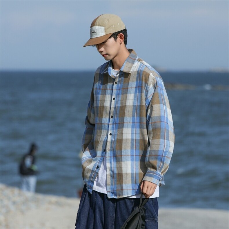 25年春季格子衬衫长袖大码宽松落肩现货DS-C323-1-2368-特批30,男装衬衫,电商C323-1