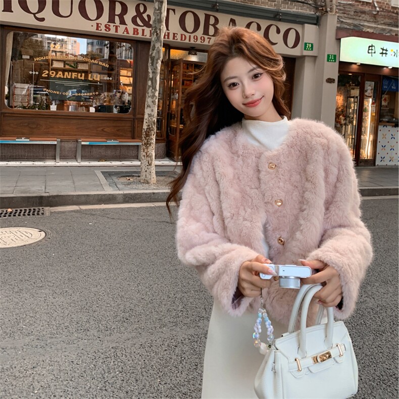 浅粉色秋冬皮毛一体外套女仿水貂绒休闲上衣2C353--716#P180K268,女装短外套,2C353