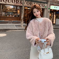 浅粉色秋冬皮毛一体外套女仿水貂绒休闲上衣2C353--716#P180K268，女装短外套，2C353