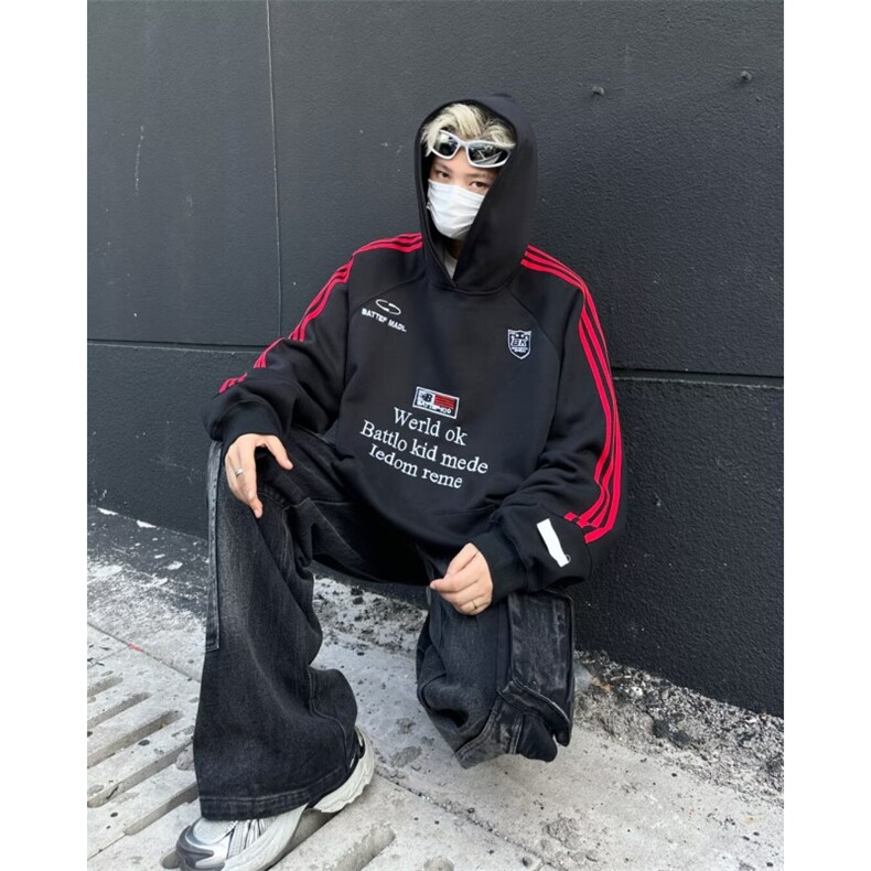 秋冬季织带连帽宽松卫衣男女同款美式复古运动情侣帽衫Y8053-P50图片
