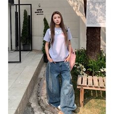 美式复古水洗解构弯刀牛仔裤女设计感三条杠拼接阔腿裤LNZ399-P55，男装牛仔裤，星座1008