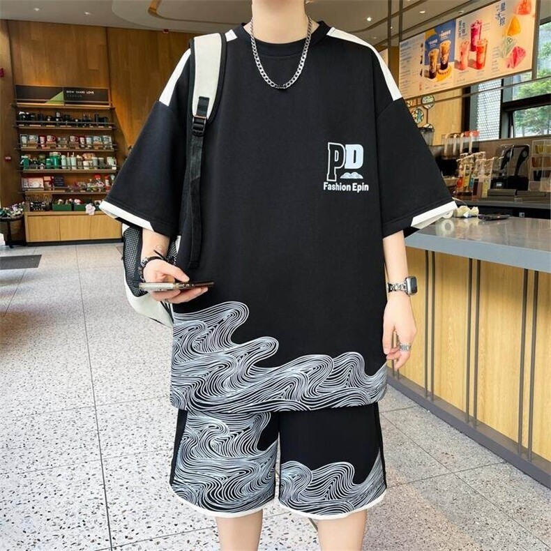 TZ24356-特P50男士字母印花运动休闲套装夏季圆领短袖T恤港风短裤,男装牛仔裤,电商D310B