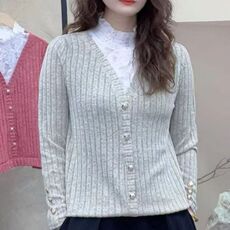 春季新款T恤蕾丝拼接高领时尚休闲洋气百搭长袖女假两件上衣，女装针织衫/毛衣，思沃羊绒