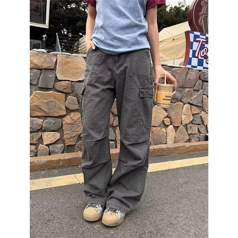 欧美复古中腰阔腿工装裤子男春秋冬新款辣妹设计感宽松直筒牛仔裤,男装牛仔裤,四季星座505