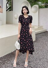 碎花鱼尾不规则连衣裙，女装连衣裙，迪蔓君翔