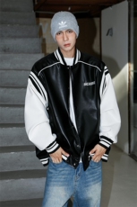 高街美式复古拼接罗纹pu棒球服情侣皮衣夹克外套男女G1094P108，男装夹克，电商A339
