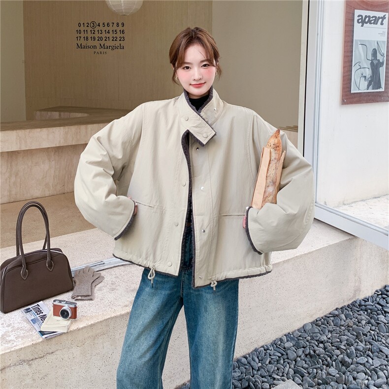 卡其色韩版立领短款加厚外套棉衣女冬季新款休闲宽松大版保暖棉服图片