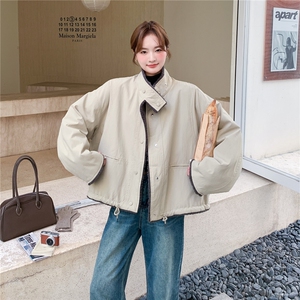 卡其色韩版立领短款加厚外套棉衣女冬季新款休闲宽松大版保暖棉服图片
