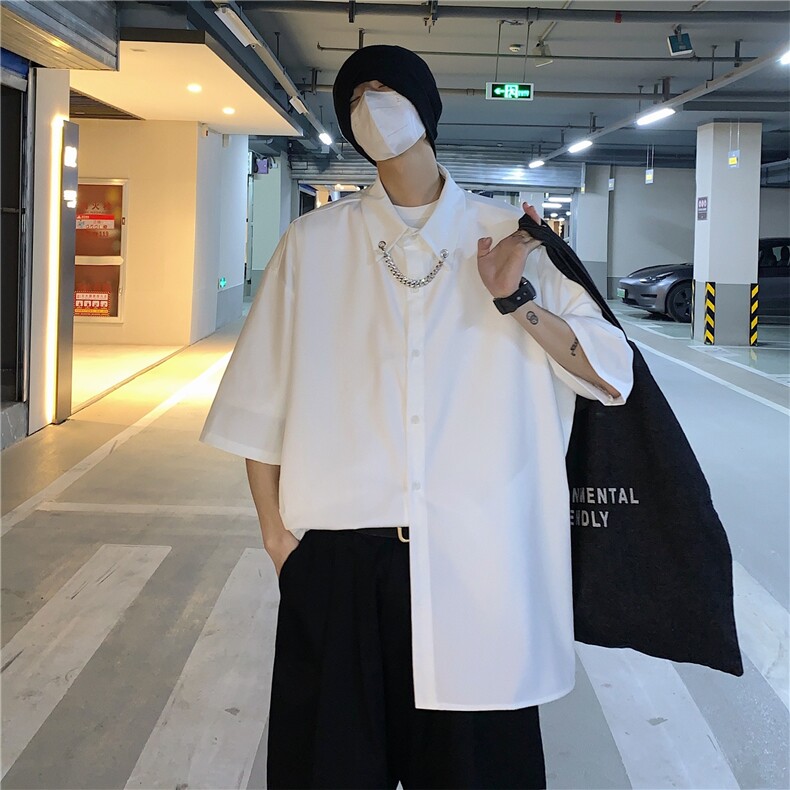 港风大码短袖纯色衬衫青年男生ins宽松情侣衫B299-X5275-P45限65,男装T恤,电商A061-1