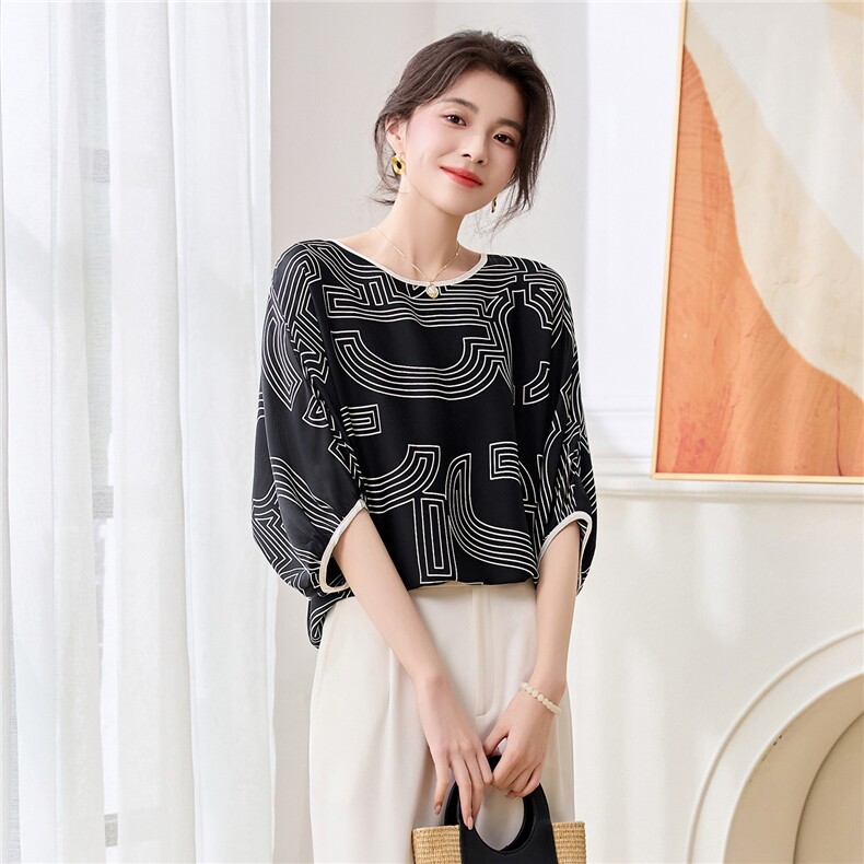 印花缎面真丝衬衫女中袖小衫2025年夏季新款宽松杭州真丝上衣,女装衬衫,阿舍尔精品