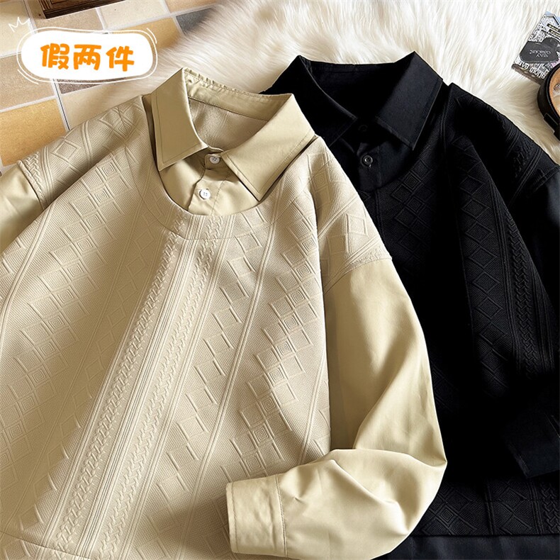特批38无差价假两件套头拼接卫衣男大码设计感翻领长袖衬衫W321,男装卫衣,电商A001-1