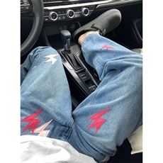 贴皮闪电刺绣水洗蓝色直筒牛仔裤男宽松轻奢长裤子N0085，男装牛仔裤，星座1116A（原606A-3）