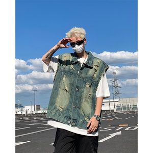 美式高街水洗破洞牛仔马甲男生潮牌宽松潮流毛边工装无袖坎肩图片