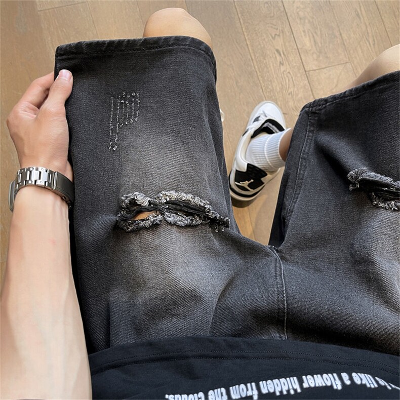 破洞牛仔夏季复古短裤美式街头痞帅vibe磨破百搭做旧五分裤潮,男装牛仔裤,星座302B-2
