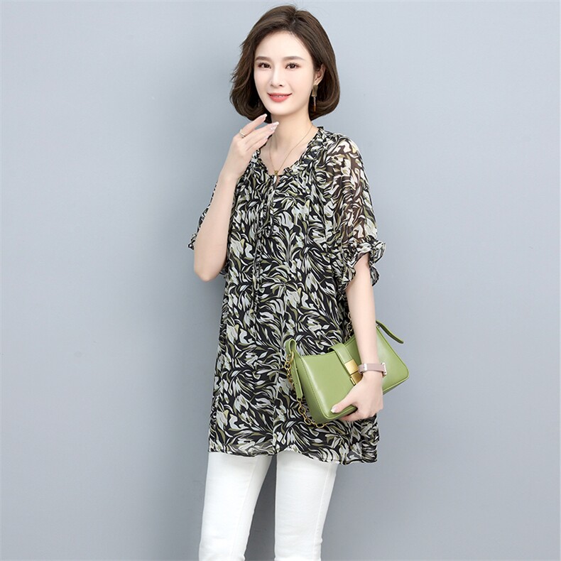2024夏季新款时尚气质POLO领收腰显瘦休闲舒适花色中长上衣，女装大码女装，独衣靓