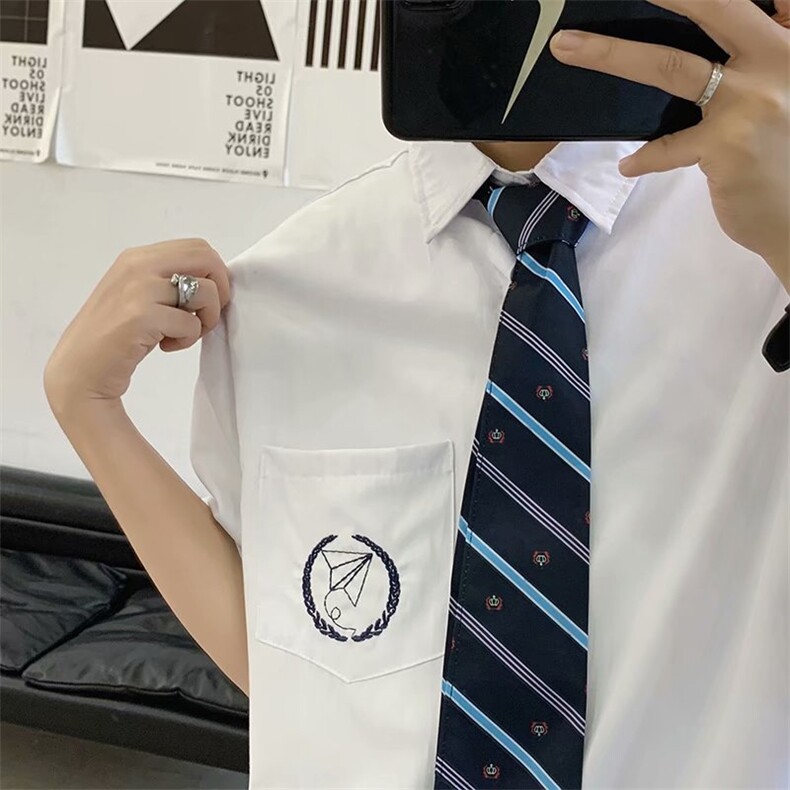 白衬衫男短袖宽松送领带港风日系学生班服套装休闲衬衣LS1033P32,男装T恤,星座1013-5