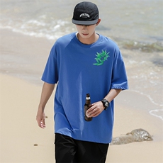 14T休闲印花重磅纯棉短袖T恤衫男女可定制学生团队服大码港风竹叶，男装T恤，星座115A-3