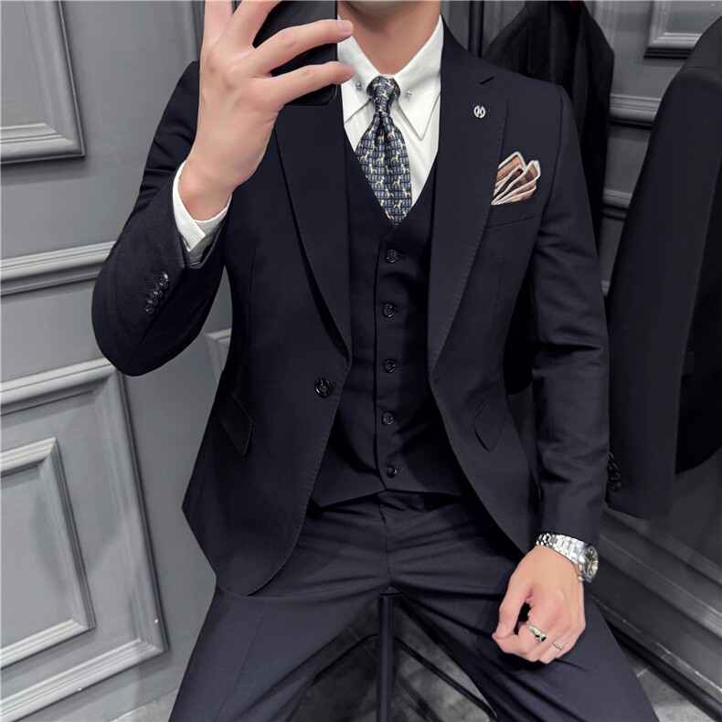 秋冬免烫抗皱色织高档面料纯色西装三件套西服暗夜蓝SJT8065-P285，男装西服，电商A213