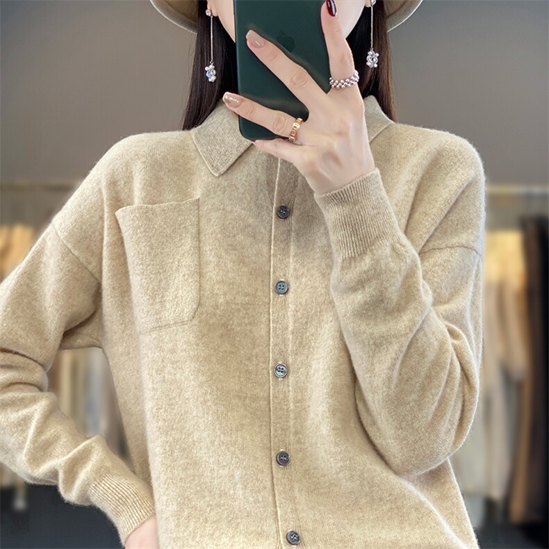 春秋精仿羊毛长袖翻领套头毛衣女宽松薄款polo领羊绒针织打底外套,女装羊毛衫,蒙莲贝斯