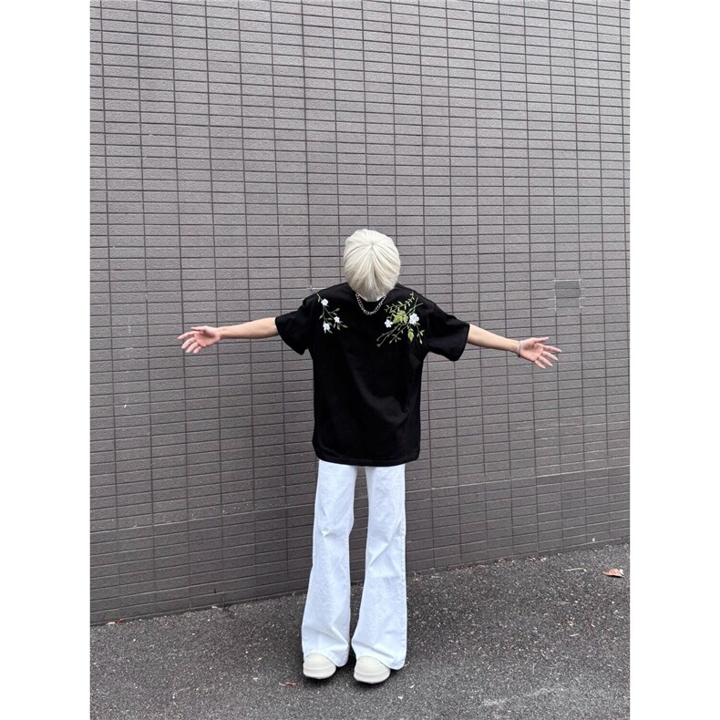 网图复古花卉刺绣短袖T恤男女宽松休闲百搭圆领半袖上衣T25-P40,男装T恤,星座1001-1