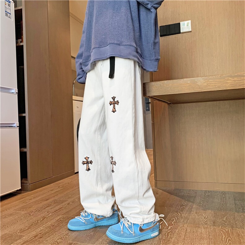 ins牛仔长裤男潮牌美式高街水洗复古刺绣宽松直筒裤 K2244-P40图片