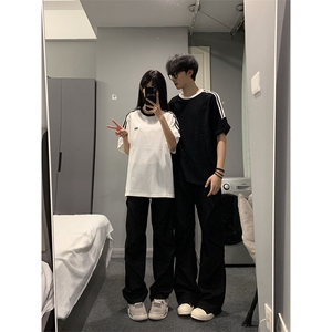 抖音得物品质 夏季美式高街纯棉三条杠织带男女短袖T恤 ZD588特25图片