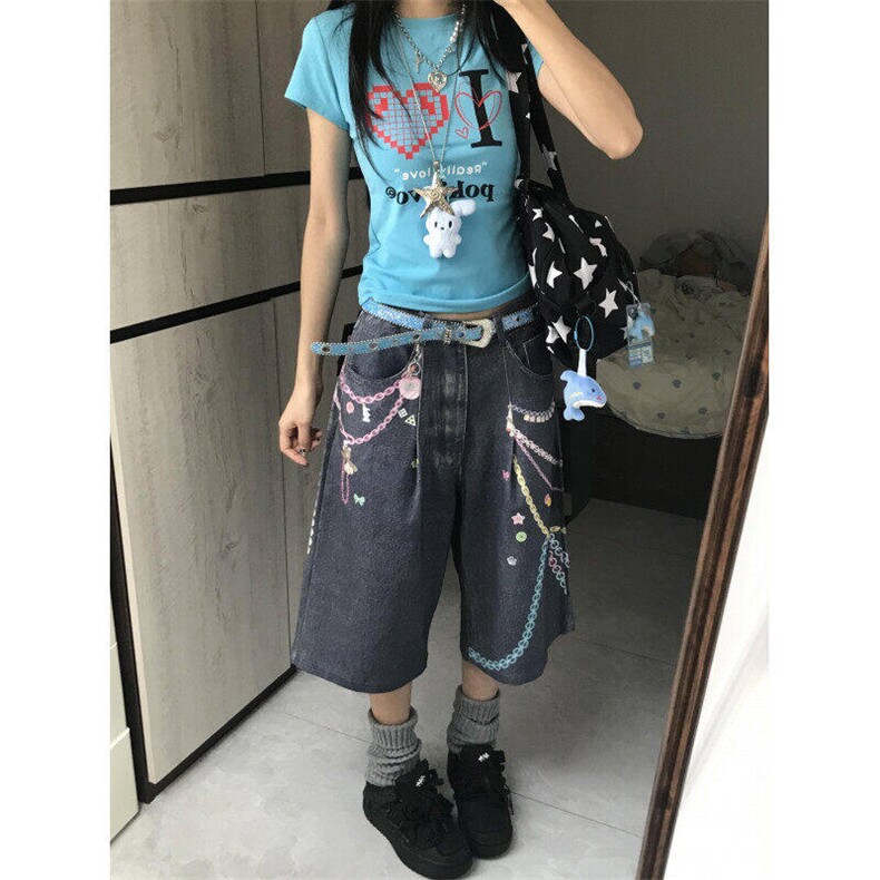 LN12411-P55美式复古链条印花牛仔七分裤女夏街头宽松阔腿短裤,男装牛仔裤,星座1008